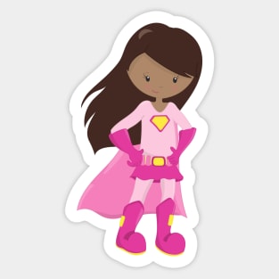 African American Girl, Pink Cape, Superhero Girl Sticker